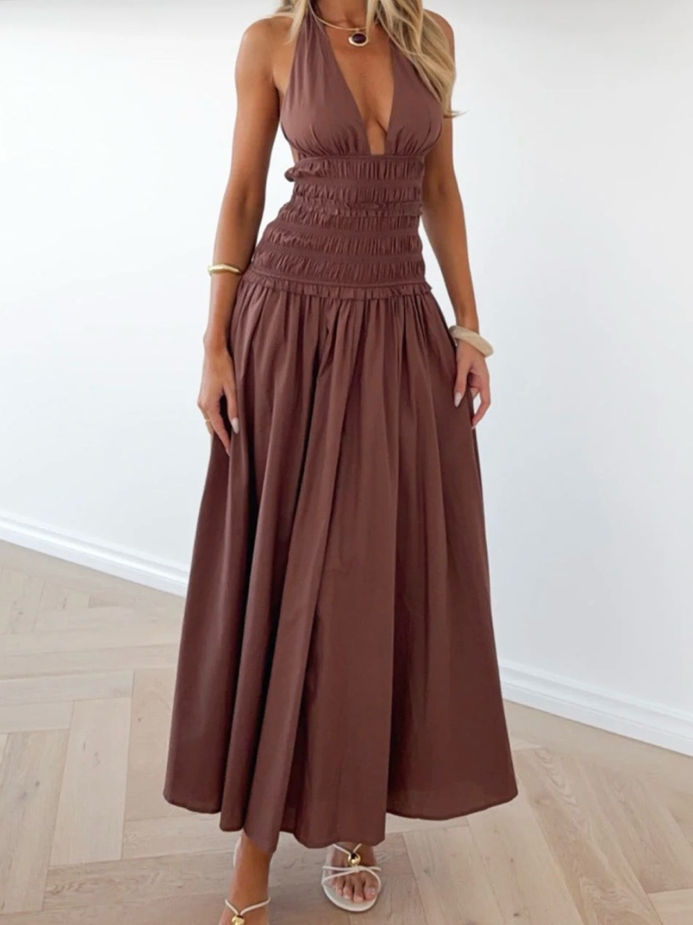 White Fox Boutique Lucky Enough Halter Maxi Dress – Dark Chocolate – Size L